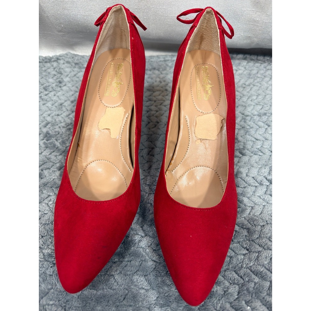 Coach and Four Louisa-CF Red Faux Suede Pointed Toe Kitten Heel Bow Pumps 10M